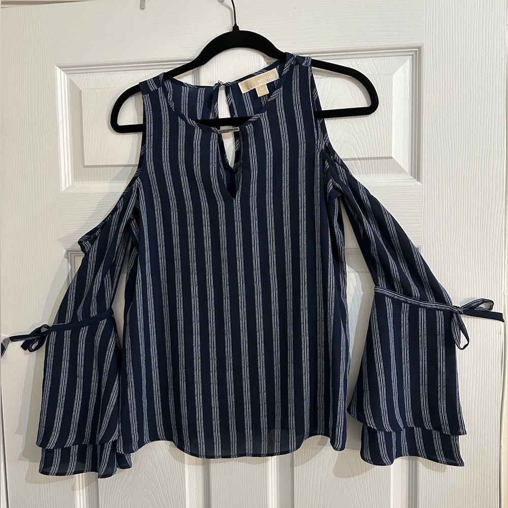 Michael Kors Open Shoulder Pin Stripe Navy Blue Blouse